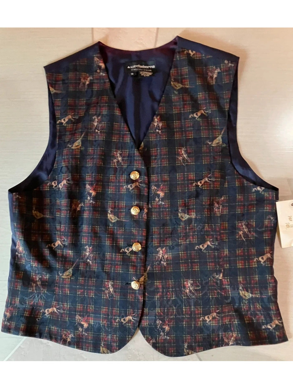 Vintage Fox Hunt Tartan Vest Liz Claiborne Equestrian Preppy Cottagecore